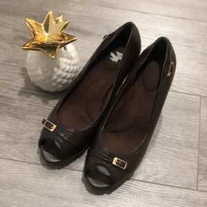 **SOLD** Buckle Leather Peep Toe Heels